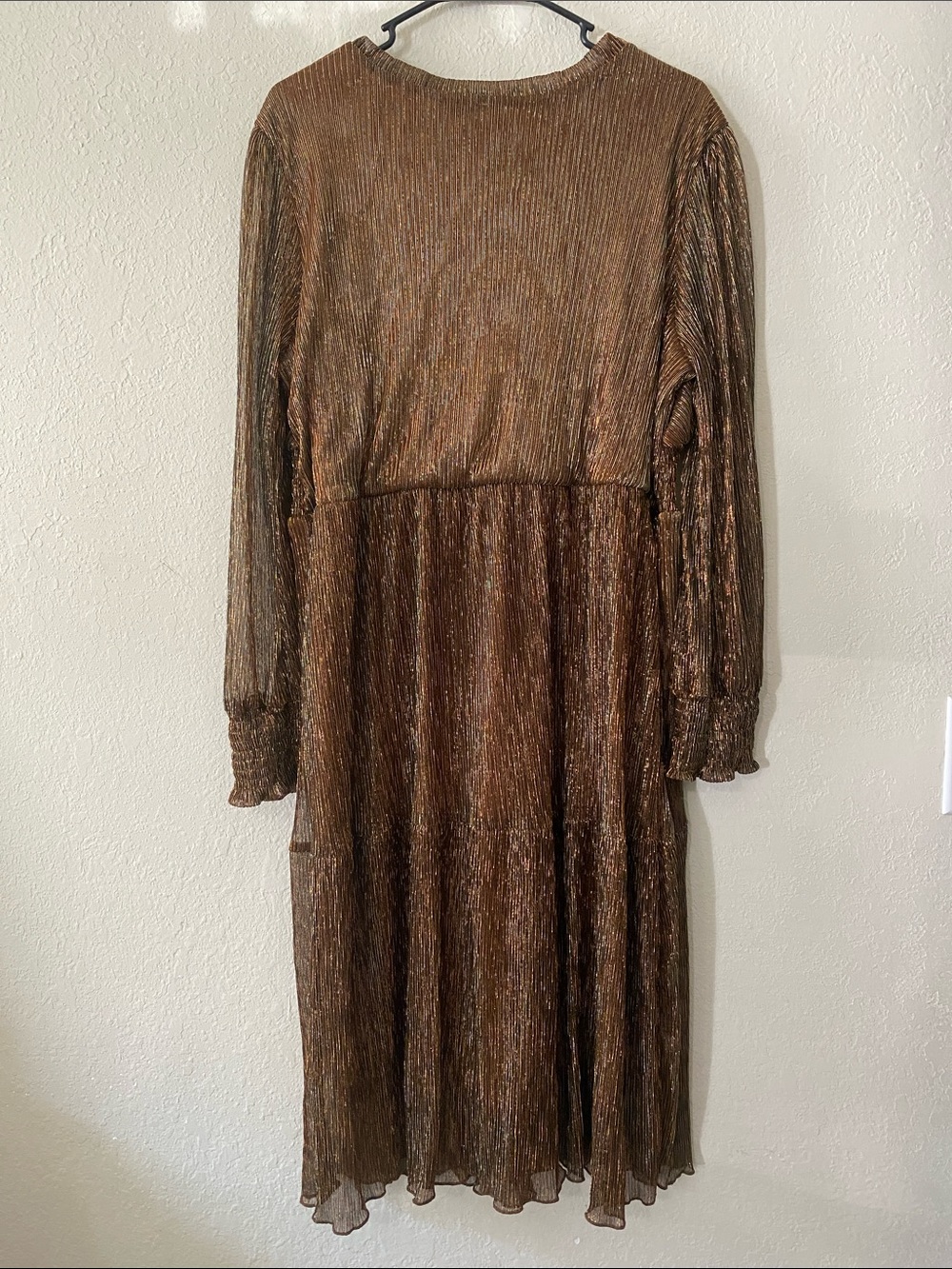 NY Collection Shimmery Bronze V-Neck Long Sleeve Midi Dress - Picture 9 of 12